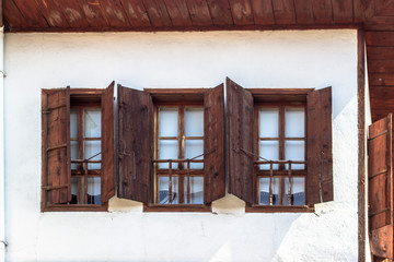 Front beautiful shoot of unfinished wooden window traditional turkish house in Safranbolu