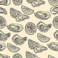 Seamless pattern of oysters and lemons in the engraving style.