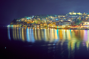 View of the lake and the city of Ohrid at night