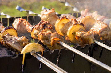 cooking  outdoor activities meat on skewers 