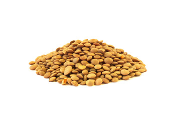 Raw lentils seeds heap isolated on white background