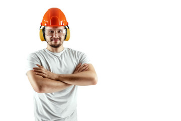 Male builder in orange helmet isolated on white background. Concept building, contractor.