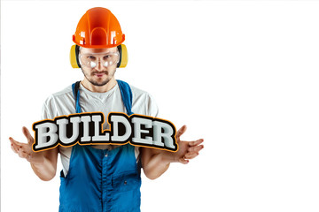 Male builder in orange helmet isolated on white background. Concept building, contractor.