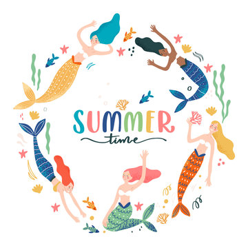 Summer colorfully cute and fun swimming mermaid on white background in a circle shape frame 