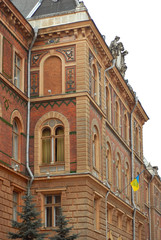 Fototapeta na wymiar Chernivtsi, Ukraine. Europe. Element of architecture. Building with balconies and windows.