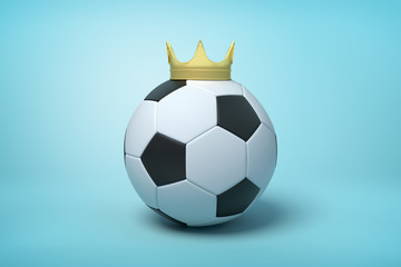 3d rendering of a football wearing a golden crown on light blue background.