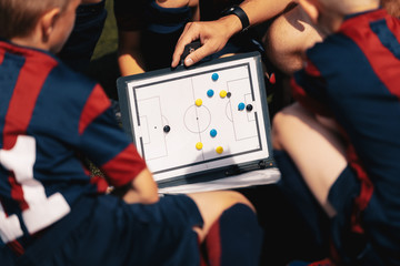Football Coach Board. Sports Football Education. Close-up of Coach Coaching Kids Using Magnetic Tactic Coach Clip Board. White Foootball Strategy White Board. Boys Listening Teacher/Coach