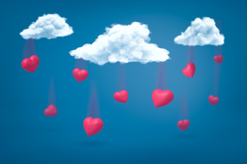 Fototapeta na wymiar 3d rendering of set of scarlet hearts falling down from three white clouds on blue background.