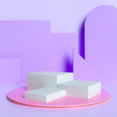 Scene with geometrical forms in pastel colors. white boxes podium with violet background. 3d render. - Illustration