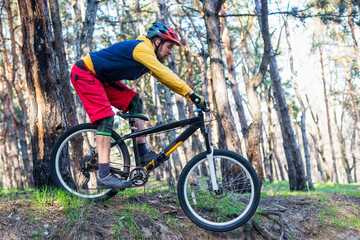 Fototapeta na wymiar Mountain bike cyclist down the slope, cycling through the woods. Active lifestyle.