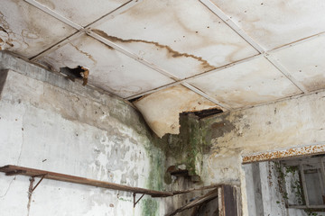 Damaged ceiling from water leak in old abandoned house