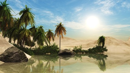 Oasis at sunset in a sandy desert, a panorama of the desert with palm trees