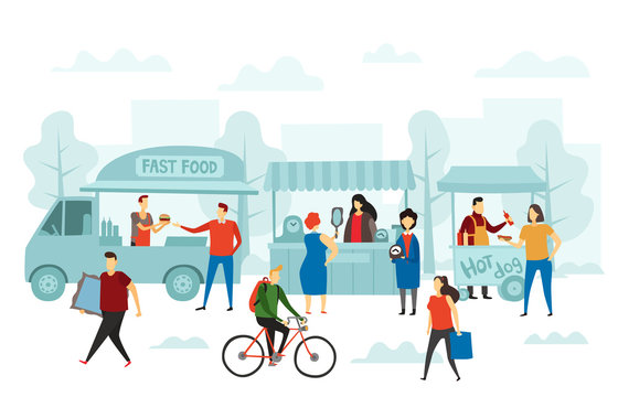 Weekend Fair Market. Street Shop, Food Truck And Flea Markets Vector Illustration