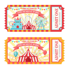 Amusement park ticket. Admit one circus admission tickets, family park attractions festival and amusing fairground vector illustration © Tartila