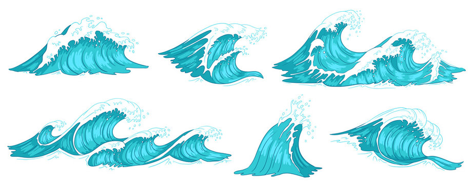 Sea wave. Vintage ocean waves, blue water tide and tidal wave hand drawn vector illustration set