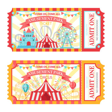 Amusement park ticket. Admit one circus admission tickets, family park attractions festival and amusing fairground vector illustration