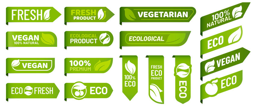 Vegan mark labels. Fresh vegetarian products, eco organic food and recommended healthy product sticker badges vector set
