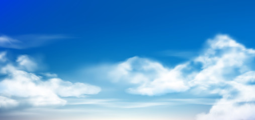 Obraz premium Cloud in blue sky. Fluffy clouds in cloudy daytime skies. Realistic white clouds vector background illustration