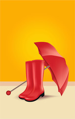Umbrella and rubber boots, vector illustration yellow