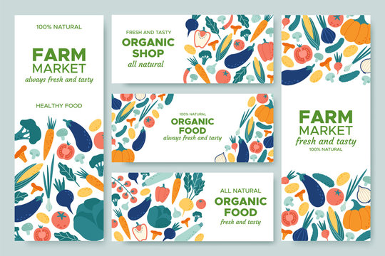 Banner vegetables. Fresh vegetable menu, organic food and natural products banners vector illustration set