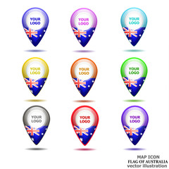 Bright set of icons with flag of Australia. Location Icons vector. Vector illustration