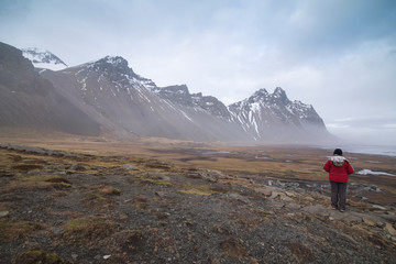Fototapeta premium Vestrahorn mountains at Stokksnes beach in Iceland