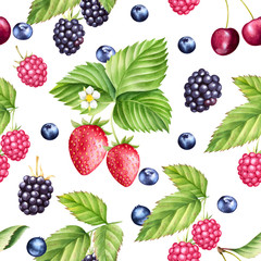 Fresh strawberry, blueberry, raspberry and blackberry seamless pattern. Watercolor background with colorful fruit.