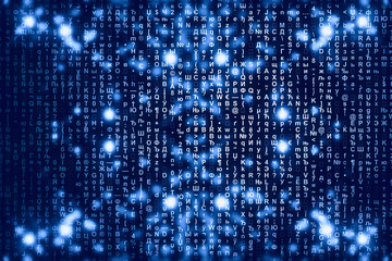 Obraz premium Blue matrix digital background. Abstract cyberspace concept. Characters fall down. Matrix from symbols stream. Virtual reality design. Complex algorithm data hacking. Cyan digital sparks.