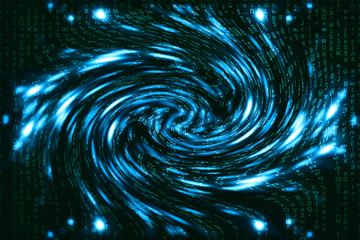 Blue green matrix digital background. Distorted cyberspace concept. Green characters fall down in wormhole. Hacked matrix. Virtual reality design. Complex algorithm data hacking. Cyan digital sparks.
