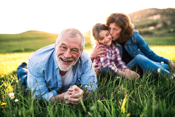 Senior couple with granddaughter outside in spring nature, relaxing on the grass.