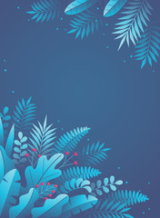 Fototapeta na wymiar floral abstract blue background with palm branches and other floral elements