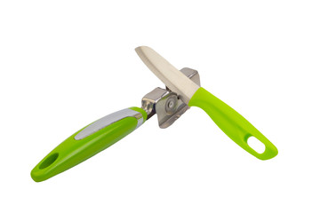 Knife, kitchen tools and knife sharpener isolated on white background. Selective focus and crop fragment