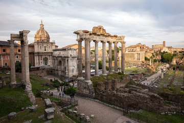 The view of the Roman forum, city square in ancient Rome, ancient architecture and cityscape of old Rome, Italy