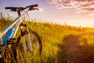 Naklejka premium Bicycle against the blue evening sky. Traveling and healthy lifestyle concept