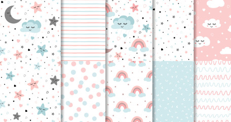Set of sweet pink seamless pattern Sleeping cloud moon stars background collection Baby girl fabric design vector