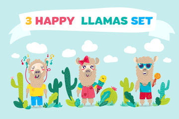 Happy llamas cartoon characters set