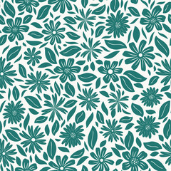 Fototapeta na wymiar Blue flowers & leaves on white background, floral seamless vector pattern