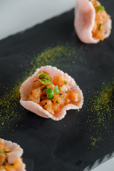 Salmon tartar on a tray