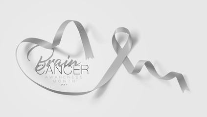 Brain Cancer Awareness Calligraphy Poster Design. Realistic Grey Ribbon. May is Cancer Awareness Month. Vector