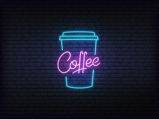 Coffee neon glowing sign. Bright vector label of coffee cup and lettering.