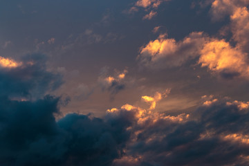 Blue hour closeup storm clouds at sunset