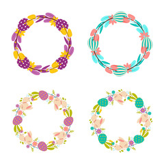 Collection of Easter wreaths of flowers, eggs and rabbits. Isolated on white background.