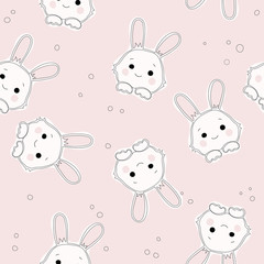Cute pink vector cartoon background with bunnies. Rabbit pattern texture. Bunny foot and tail rabbit children decoration background.