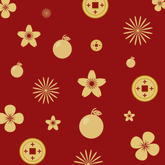 Seamless pattern gold color on red background with Chinese elements .