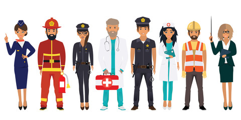 International Labor Day. People of different professions set on a white background. Stewardess, Fireman, Police, Doctor, Nurse, Builder, Teacher. Vector illustration in a flat style 
