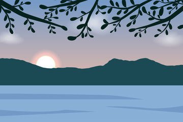 Landscape view sun in mountain and river.