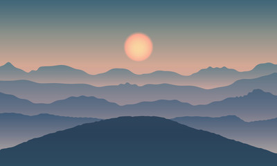 Fototapeta na wymiar Landscape view with sun on mountain silhouettes.