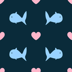 Girly seamless pattern with abstract fish and hearts. Simple cute print.