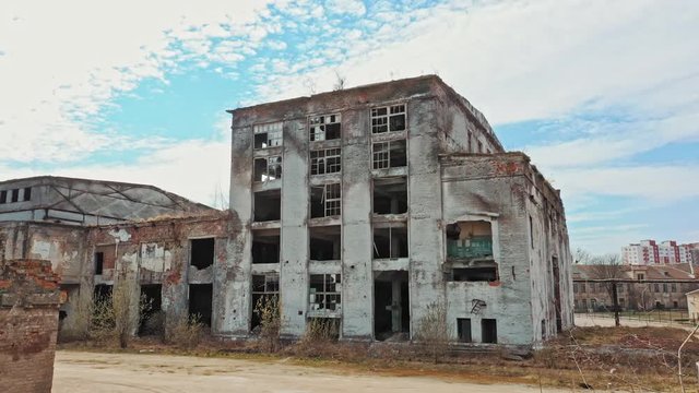 Aerial view of an abandoned industrial plant. Factory ruins.