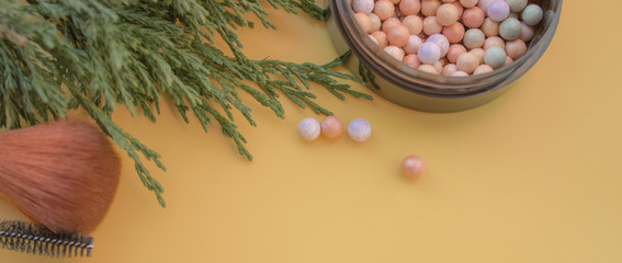 Cosmetic accessories. Brush, blush, lipstick, green branch on a yellow, cream background.